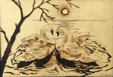Painting titled "Swans on the full m…" by Hatice Özbayrak, Original Artwork, Wood