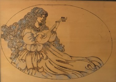 Malerei mit dem Titel "Girl playing the oud" von Hatice Özbayrak, Original-Kunstwerk, Holz