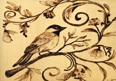 Painting titled "bird on branch" by Hatice Özbayrak, Original Artwork, Wood