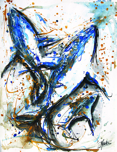 Peinture intitulée "Ocean de baleine 2" par Stéphane Hauton (O), Œuvre d'art originale, Aquarelle
