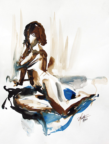 Painting titled "Le femme, l'eau, l'…" by Stéphane Hauton (O), Original Artwork, Watercolor