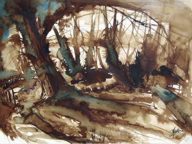 Painting titled "La forêt est bleu" by Stéphane Hauton (O), Original Artwork, Watercolor