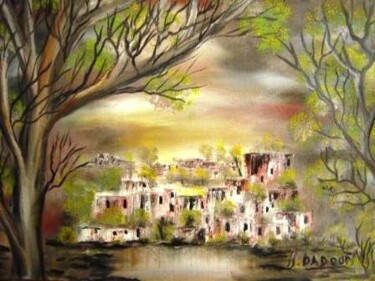 Peinture intitulée "village bleu" par Hayat Dadoun, Œuvre d'art originale