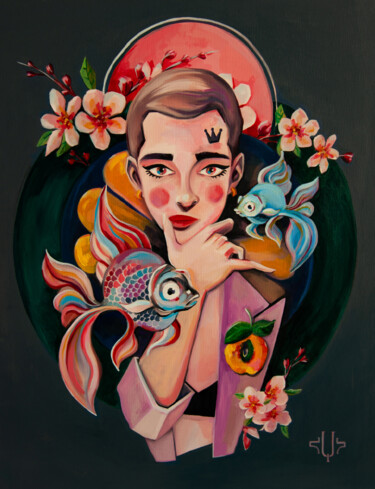 Painting titled "Madonna with Pisces" by Hayk Hovhannisyan, Original Artwork, Acrylic Mounted on Wood Stretcher frame