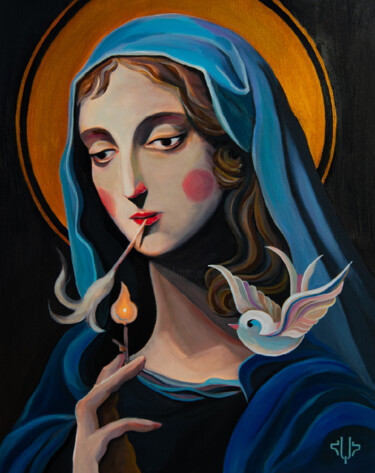 Painting titled "Pensive madonna" by Hayk Hovhannisyan, Original Artwork, Acrylic Mounted on Wood Stretcher frame