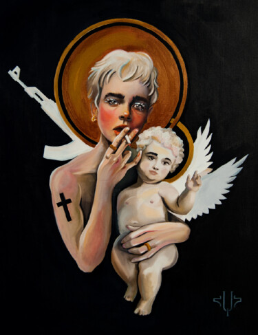 Painting titled "Madonna and Child" by Hayk Hovhannisyan, Original Artwork, Acrylic Mounted on Wood Stretcher frame