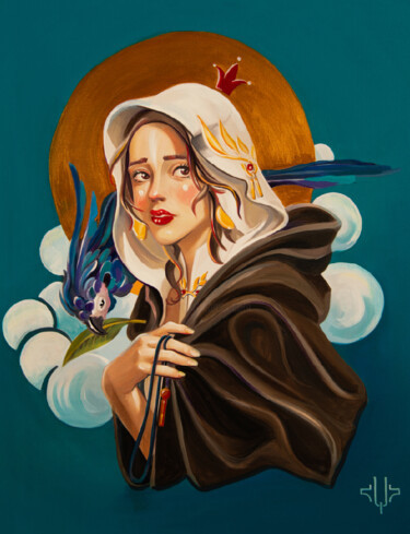Peinture intitulée "Madonna with parrot" par Hayk Hovhannisyan, Œuvre d'art originale, Acrylique Monté sur Châssis en bois