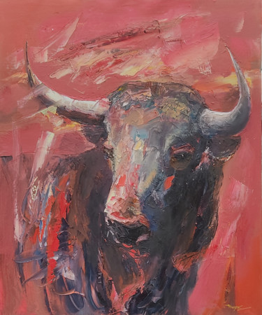 Painting titled "Red Bull (50x60cm o…" by Hayk Miqayelyan, Original Artwork, Oil Mounted on Wood Stretcher frame
