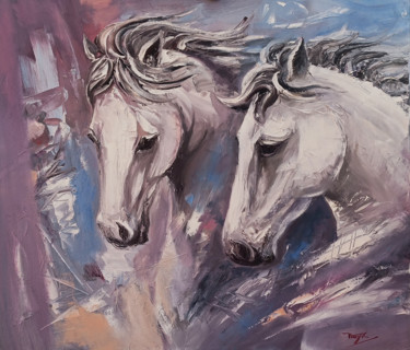 Painting titled "Horse couple (50x60…" by Hayk Miqayelyan, Original Artwork, Oil Mounted on Wood Stretcher frame