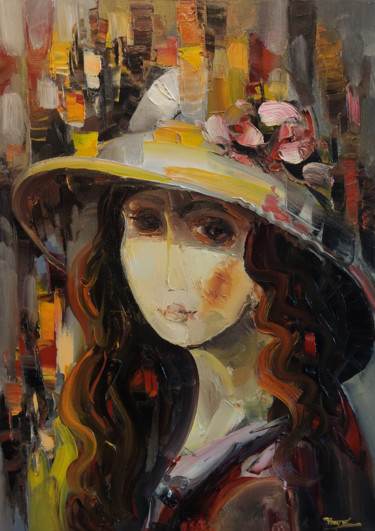 Painting titled "Girl with hat (42x5…" by Hayk Miqayelyan, Original Artwork, Oil Mounted on Wood Stretcher frame