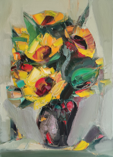 Painting titled "Sunflowers (70x50cm…" by Hayk Miqayelyan, Original Artwork, Oil Mounted on Wood Stretcher frame