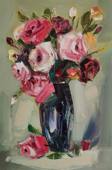 Painting titled "Roses (60x40cm, oil…" by Hayk Miqayelyan, Original Artwork, Oil Mounted on Wood Stretcher frame