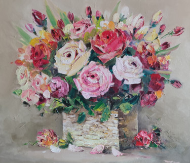 Painting titled "Bouquet (70x60cm, o…" by Hayk Miqayelyan, Original Artwork, Oil Mounted on Wood Stretcher frame