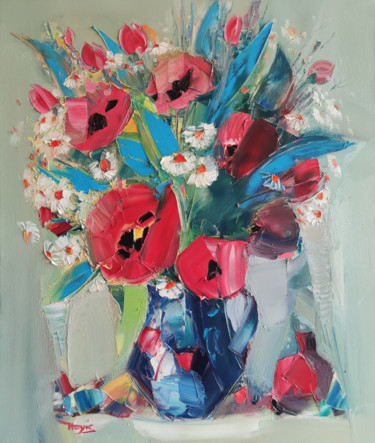 Painting titled "Field flowers (70x6…" by Hayk Miqayelyan, Original Artwork, Oil Mounted on Wood Stretcher frame