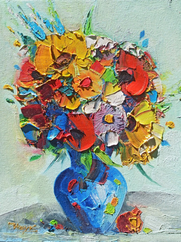 Painting titled "Field flowers in va…" by Hayk Miqayelyan, Original Artwork, Oil Mounted on Wood Stretcher frame