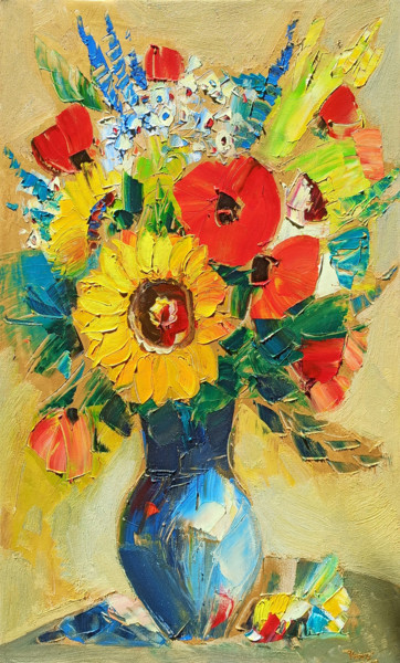 Painting titled "Field flowers in va…" by Hayk Miqayelyan, Original Artwork, Oil Mounted on Wood Stretcher frame