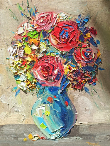 Malarstwo zatytułowany „Roses in vase (30x4…” autorstwa Hayk Miqayelyan, Oryginalna praca, Olej Zamontowany na Drewniana ram…