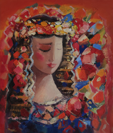 Painting titled "Girl with pomegrana…" by Hayk Miqayelyan, Original Artwork, Oil Mounted on Wood Stretcher frame