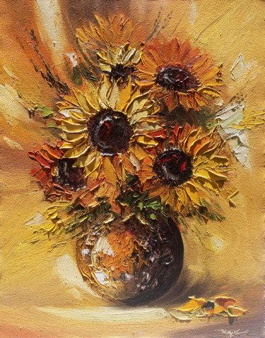 Painting titled "Sunflowers in the v…" by Hayk Miqayelyan, Original Artwork, Oil Mounted on Wood Stretcher frame