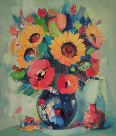 Painting titled "Flowers and pomegra…" by Hayk Miqayelyan, Original Artwork, Oil Mounted on Wood Stretcher frame