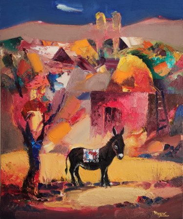 Painting titled "My village (50x60cm…" by Hayk Miqayelyan, Original Artwork, Oil Mounted on Wood Stretcher frame