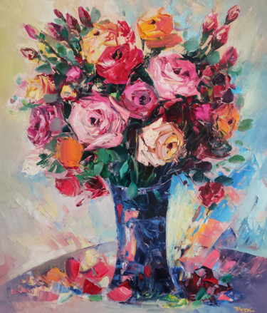 Colorful roses (60x70cm, oil painting, ready to hang) Painting titled "Colorful roses (60x…" by Hayk Miqayelyan, Original Art, Oil Mounted on Stretcher frame