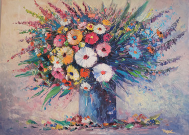 Painting titled "Field flowers in a…" by Hayk Miqayelyan, Original Artwork, Oil Mounted on Wood Stretcher frame