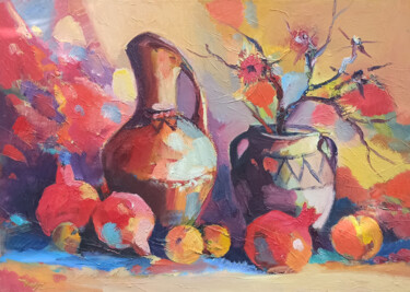 Painting titled "Still life with pit…" by Hayk Miqayelyan, Original Artwork, Oil Mounted on Wood Stretcher frame
