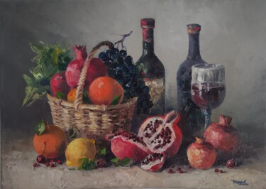 Painting titled "Still life fruits a…" by Hayk Miqayelyan, Original Artwork, Oil Mounted on Wood Stretcher frame