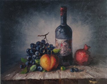 Painting titled "Fruits and wine (50…" by Hayk Miqayelyan, Original Artwork, Oil Mounted on Wood Stretcher frame