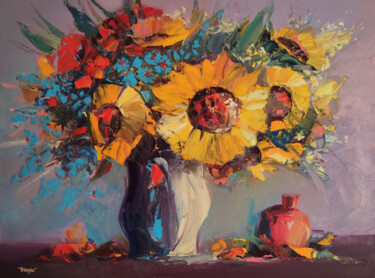 Painting titled "Still life - Sunflo…" by Hayk Miqayelyan, Original Artwork, Oil Mounted on Wood Stretcher frame