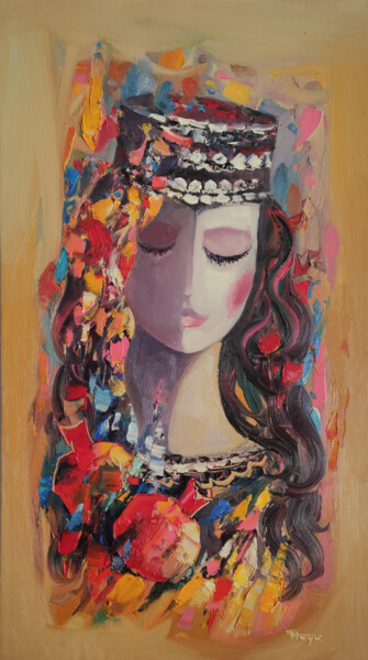 Painting titled "Armenian Girl - Por…" by Hayk Miqayelyan, Original Artwork, Oil Mounted on Wood Stretcher frame