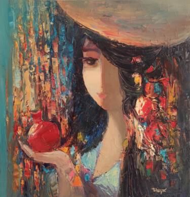 Painting titled "Girl with pomegrana…" by Hayk Miqayelyan, Original Artwork, Oil Mounted on Wood Stretcher frame