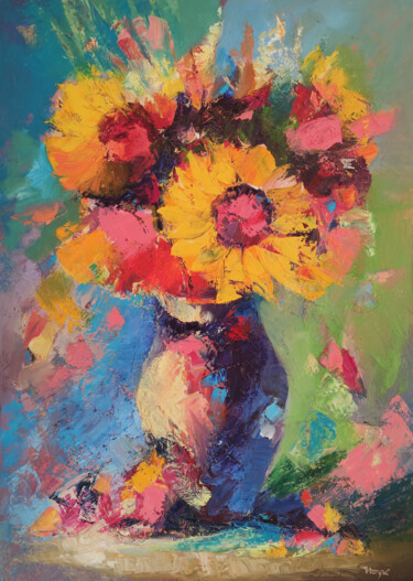 Painting titled "Sunflowers 80x60cm,…" by Hayk Miqayelyan, Original Artwork, Oil Mounted on Wood Stretcher frame