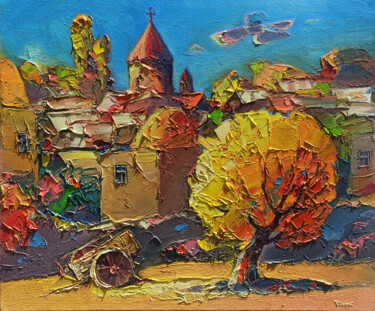 Painting titled "Rural scene" by Hayk Miqayelyan, Original Artwork, Oil Mounted on Wood Stretcher frame