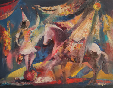 Painting titled "Circus" by Hayk Miqayelyan, Original Artwork, Oil Mounted on Wood Stretcher frame