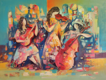 Painting titled "Jazz trio" by Hayk Miqayelyan, Original Artwork, Oil Mounted on Wood Stretcher frame