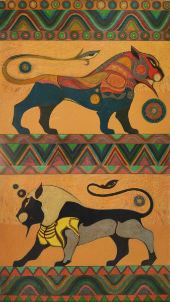 Painting titled "Urartu Lions" by Hayk Sayadyan, Original Artwork, Oil Mounted on Wood Stretcher frame