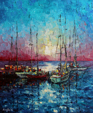 Painting titled "Boats and Sunset" by Haykuhi Khachatryan, Original Artwork, Oil