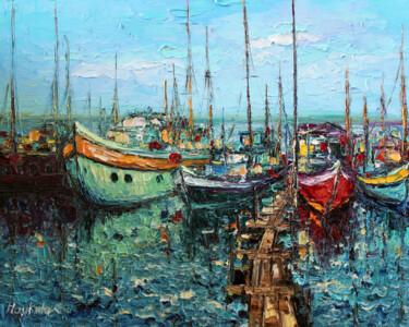 Pittura intitolato "Boats in the harbour" da Haykuhi Khachatryan, Opera d'arte originale, Olio