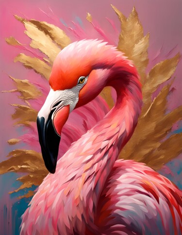 Digitale Kunst mit dem Titel "Flamingo and gold" von Hazel, Original-Kunstwerk, KI-generiertes Bild