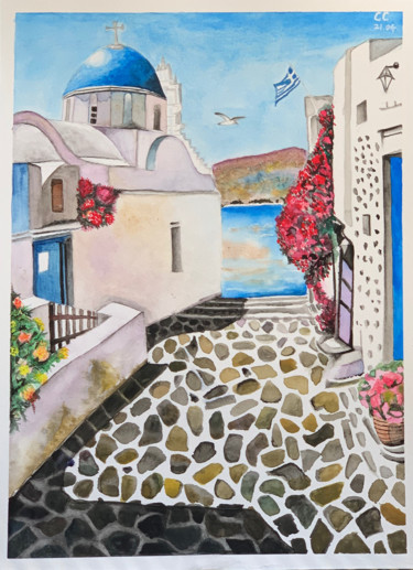 Painting titled "Santorini Greece" by Cheng Chen, Original Artwork, Watercolor