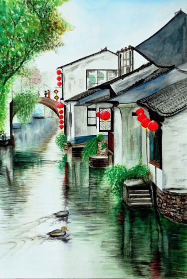 Painting titled ""Venice of the East…" by Cheng Chen, Original Artwork, Watercolor