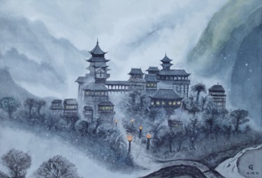 Painting titled "Snowing Valley" by Cheng Chen, Original Artwork, Watercolor