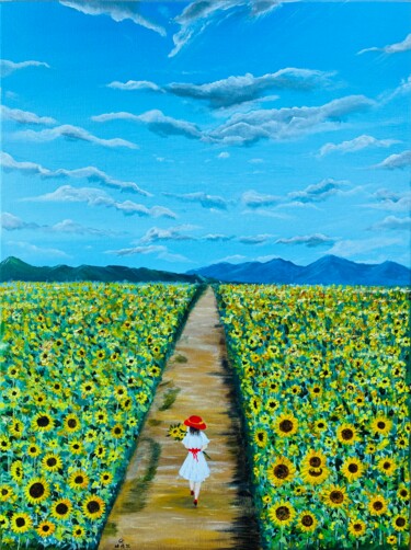 Painting titled "Girl & Her Sunflowe…" by Cheng Chen, Original Artwork, Acrylic