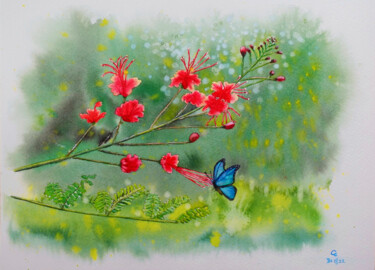 Painting titled "Peacock Flowers" by Cheng Chen, Original Artwork, Watercolor