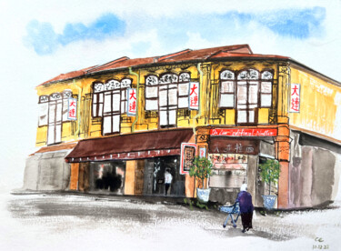 Schilderij getiteld "Singapore Shophouse" door Cheng Chen, Origineel Kunstwerk, Aquarel