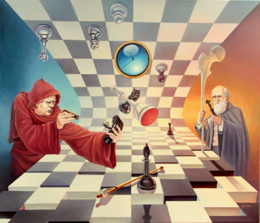 Peinture intitulée "Darwin vs Torquemada" par Gyuri Lohmuller, Œuvre d'art originale, Huile Monté sur Châssis en bois