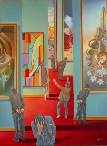 Painting titled "Gallery" by Gyuri Lohmuller, Original Artwork, Oil Mounted on Wood Stretcher frame