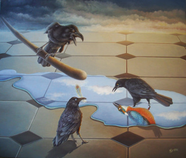 Painting titled "Controversy" by Gyuri Lohmuller, Original Artwork, Oil Mounted on Wood Stretcher frame